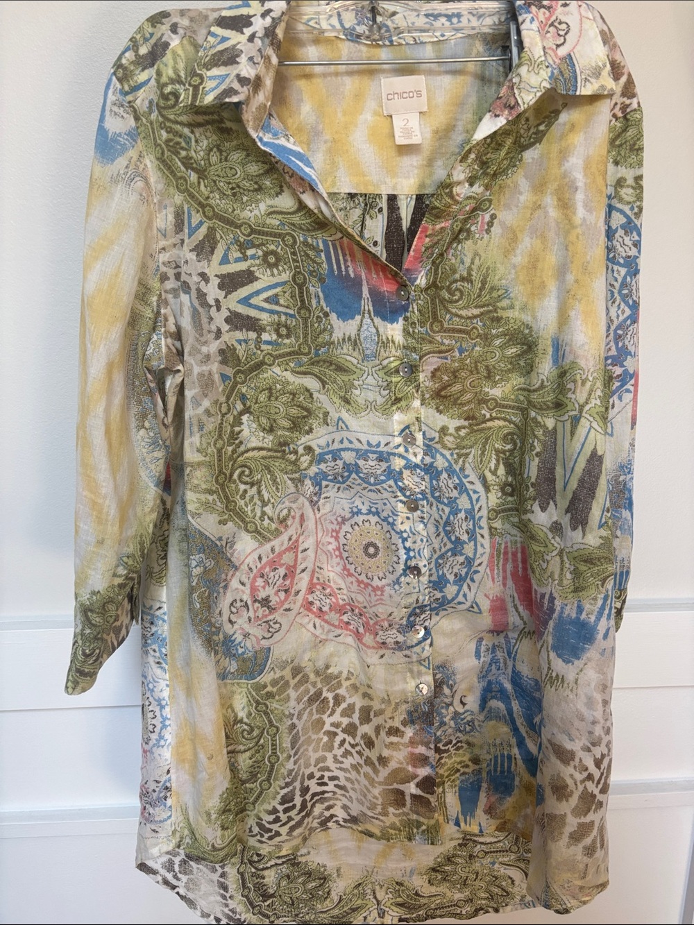 Chico's Women's White Gauze Print 1/2 Sleeve Tunic/Blouse. - Picture 3 of 7